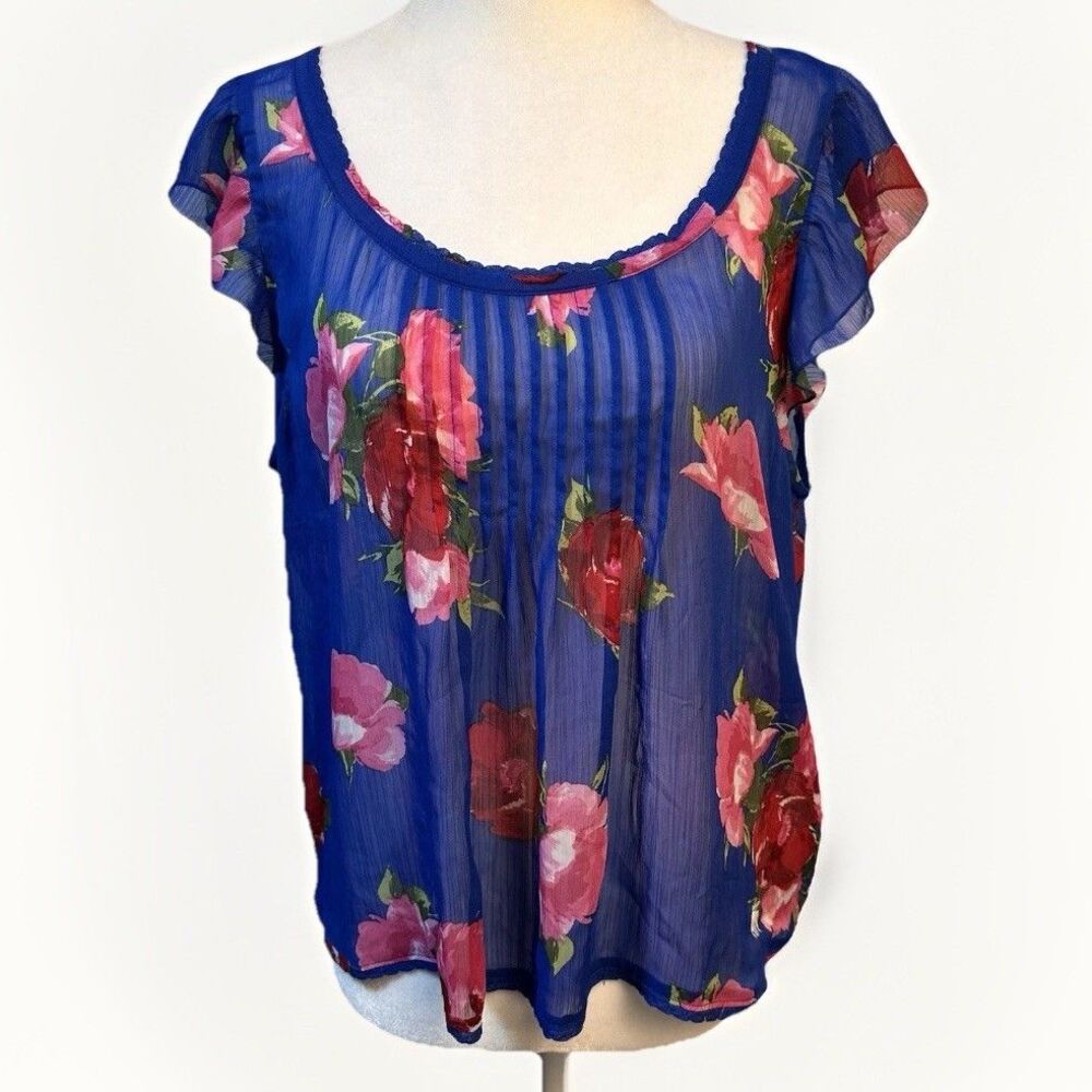 Anercrombie & Fitch Multicolored Floral Sheer Back Button Blouse Size L *FLAW*